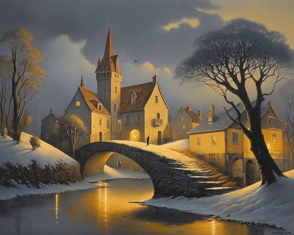 Serene Winter Landscape with Houses and Snowy Trees