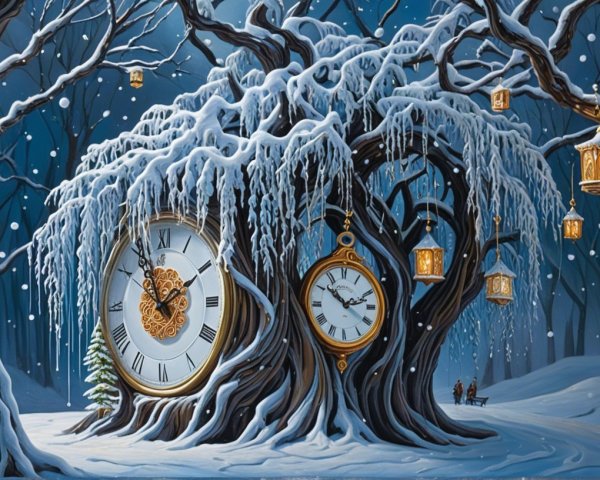 Winter Landscape with Snowy Tree and Lanterns