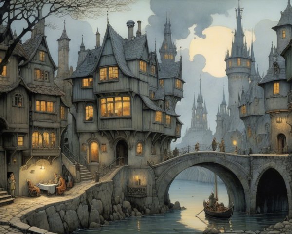 Whimsical Twilight Village with Serene River Scene