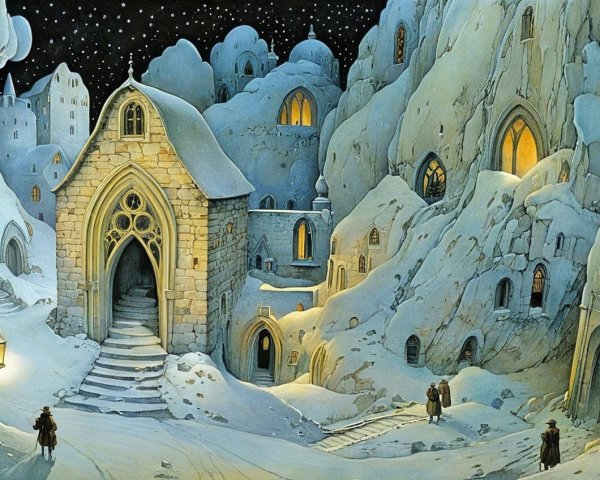 Serene Winter Landscape with Stone Church and Stars