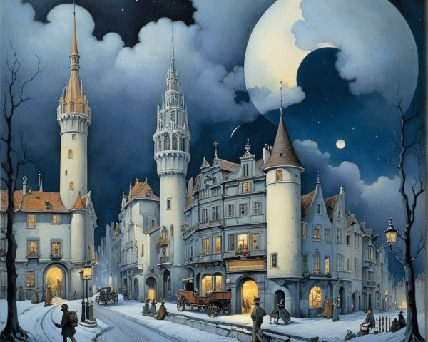 Whimsical Winter Night Scene with Fairy-Tale Architecture
