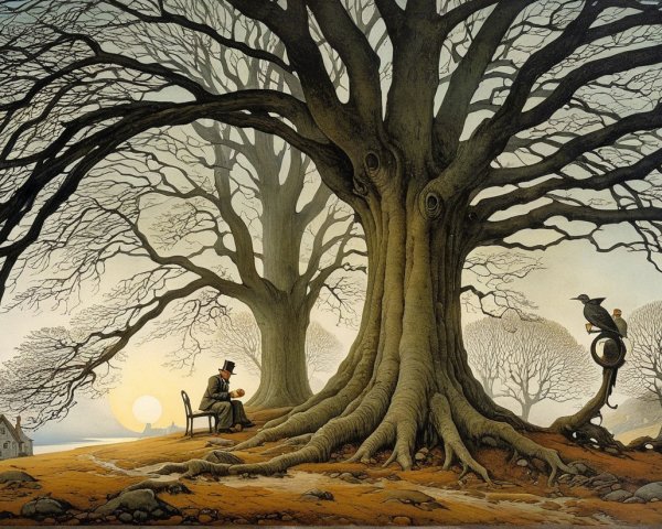 Tranquil Landscape with Tree, Sunset, and Reading Figure