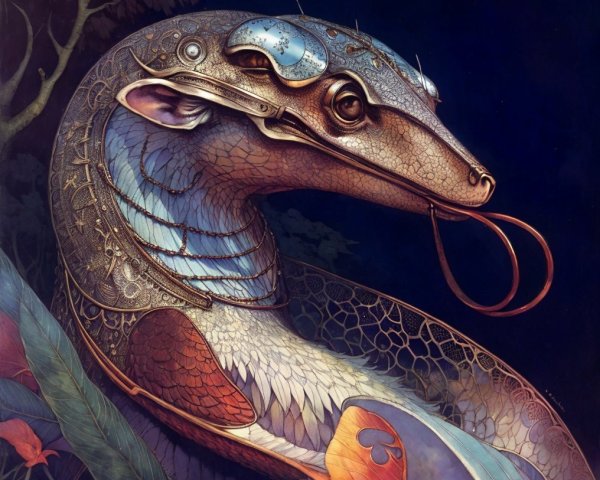 Fantastical Lizard Creature with Metallic Patterns