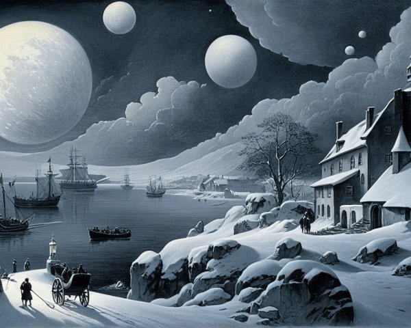 Wintry Village Landscape with Mountains and Night Sky