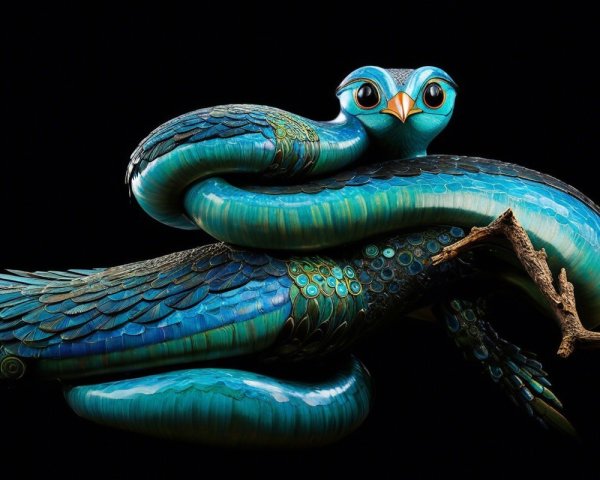 Blue and Green Owl Sculpture with Serpent Body