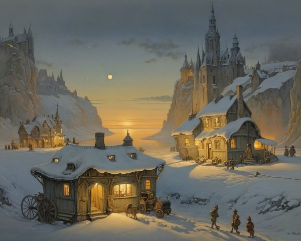 Serene Winter Scene with Cottages and Snowy Landscape