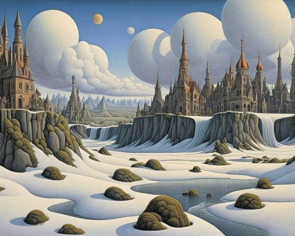 Surreal landscape with castles and snowy terrain