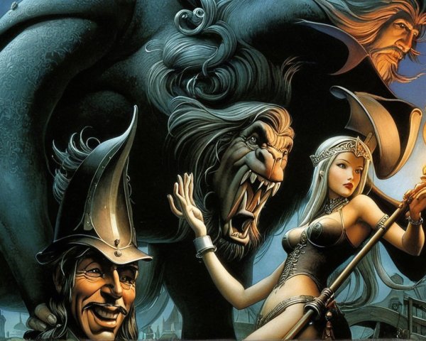 Dramatic Fantasy Scene with Warrior and Lion-like Beast