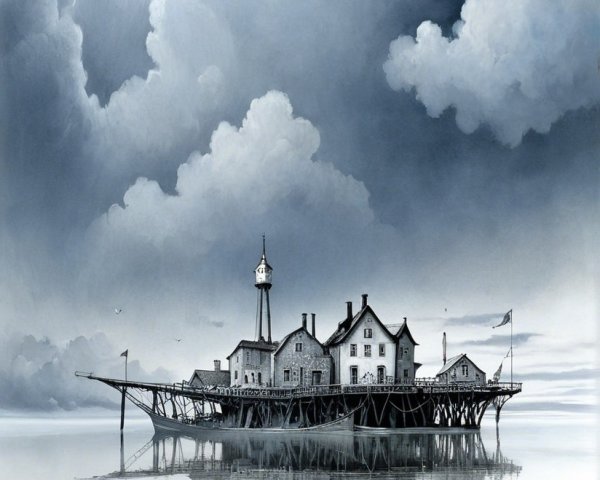 Monochromatic Scene of Wooden Structure on Stilts