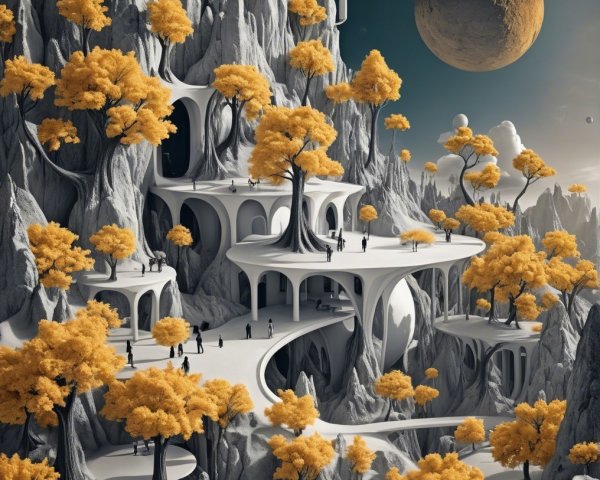 Surreal Landscape with White Cliffs and Orange Trees