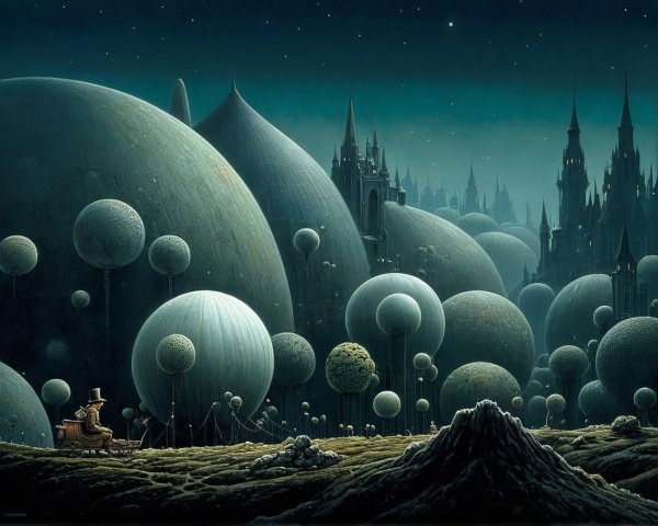 Surreal Landscape with Spherical Structures and Spires