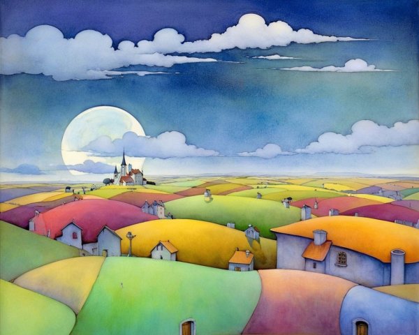 Whimsical Landscape with Colorful Hills and Castle