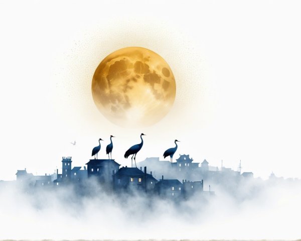 Serene Town Landscape with Moon and Cranes