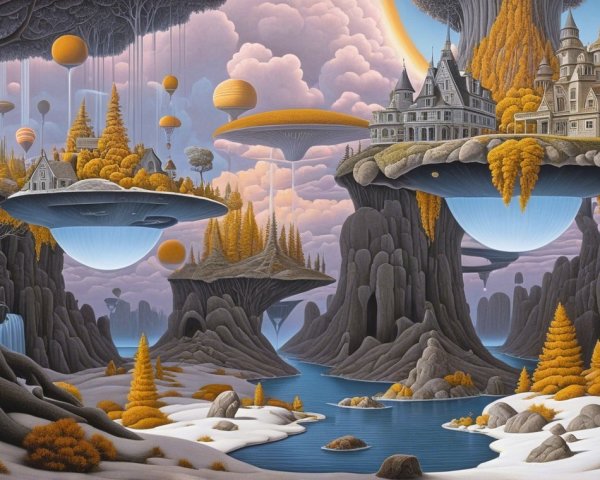 Surreal Landscape with Floating Islands and Autumn Trees
