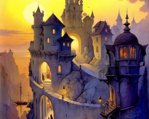 Whimsical Landscape with Enchanting Castle at Sunset