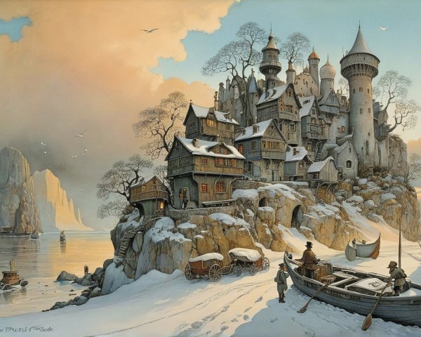 Winter Village Scene with Snowy Landscape and Water