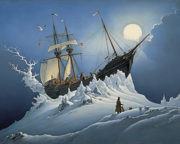 Majestic Ship in Icy Waters Under Full Moonlight