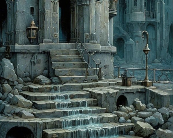 Ancient Structure with Gothic Spires and Stream