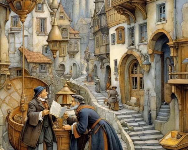 Whimsical village with cobblestone street and castle