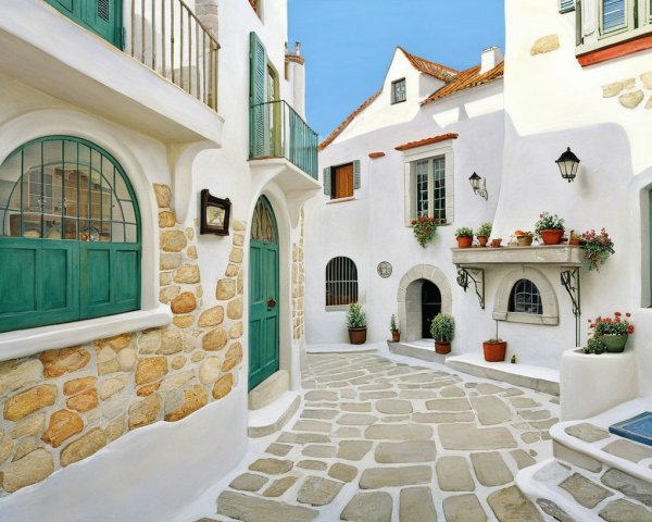 Charming Sunlit Alleyway with Whitewashed Buildings