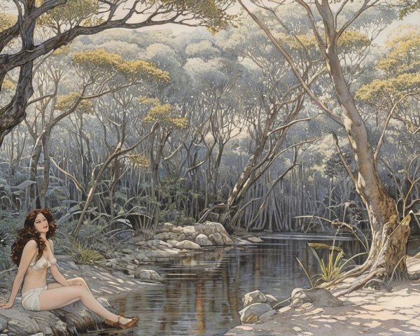Young woman by a reflective stream in a forested landscape
