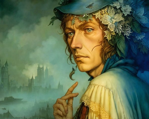 Contemplative Figure in Ethereal Cityscape Setting