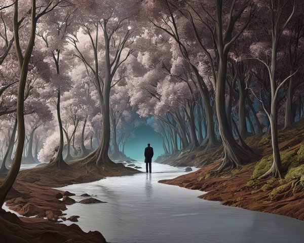Serene Forest Scene with Blossoming Trees and Stream