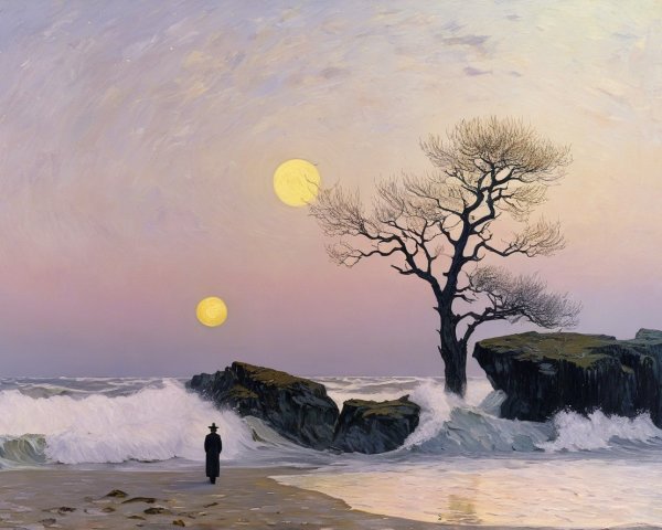 Solitary Figure on Shore with Dual Suns and Waves