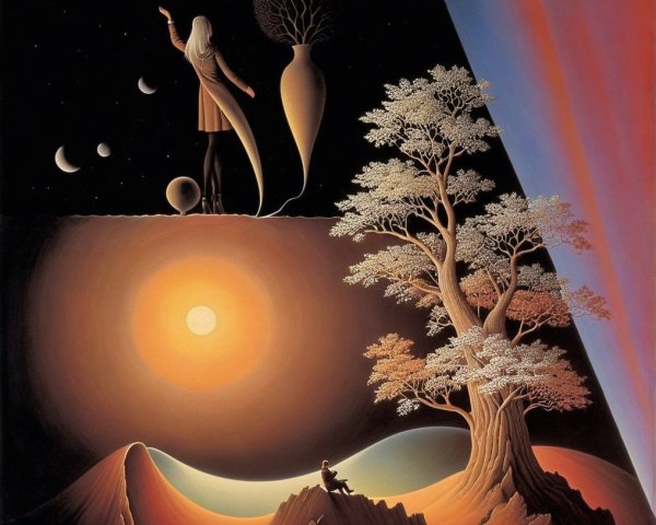 Surreal Landscape with Night Sky and Sunlit Desert