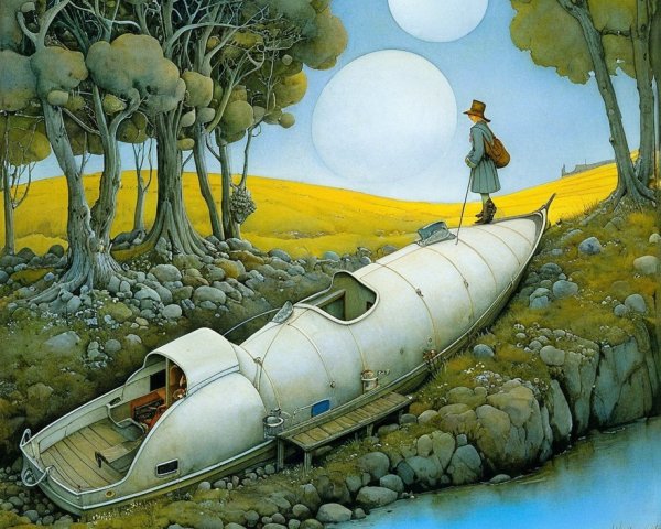 Whimsical Landscape with Elongated Boat and Moons