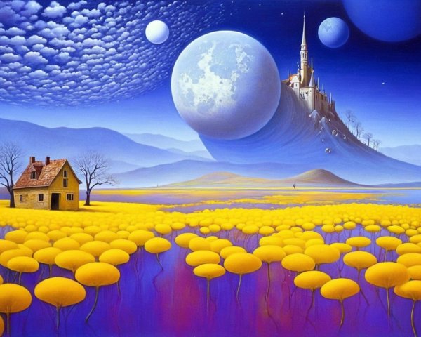 Surreal Landscape with Flowers, Castle, and Planets