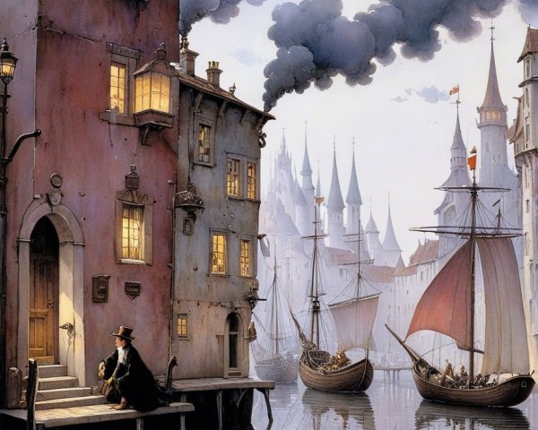 Tranquil Riverside Scene of a Quaint Town at Dusk