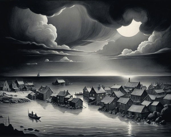 Monochromatic Coastal Village Under Dramatic Sky