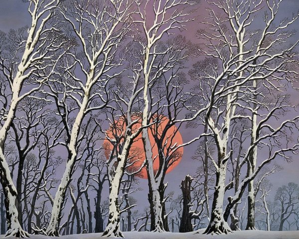 Winter Scene with Red Moon and Snow-Covered Trees