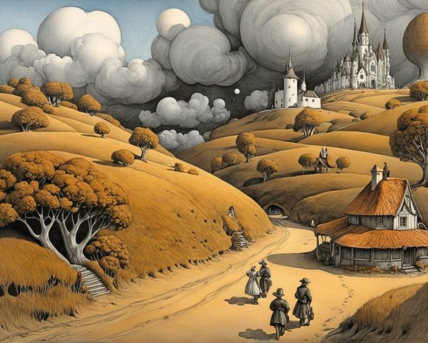 Whimsical Landscape with Cottage and Castle Elements