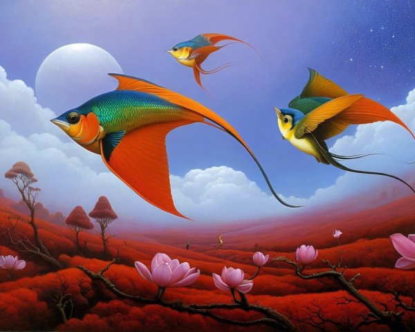 Surreal landscape with red hills and pink lotus flowers