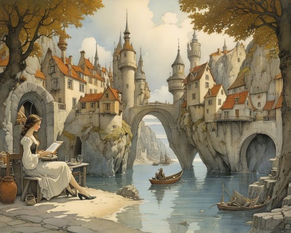 Serene Landscape with Woman Reading by Tranquil River