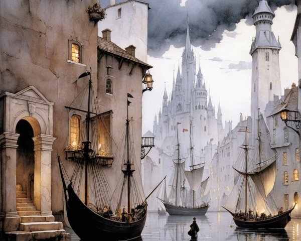 Serene Waterway Scene with Lantern Light and Gothic Architecture