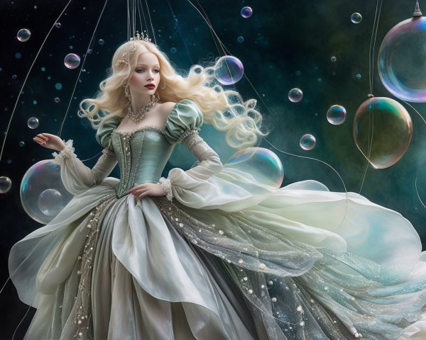 Fairytale figure in ethereal bubbles and dreamy setting