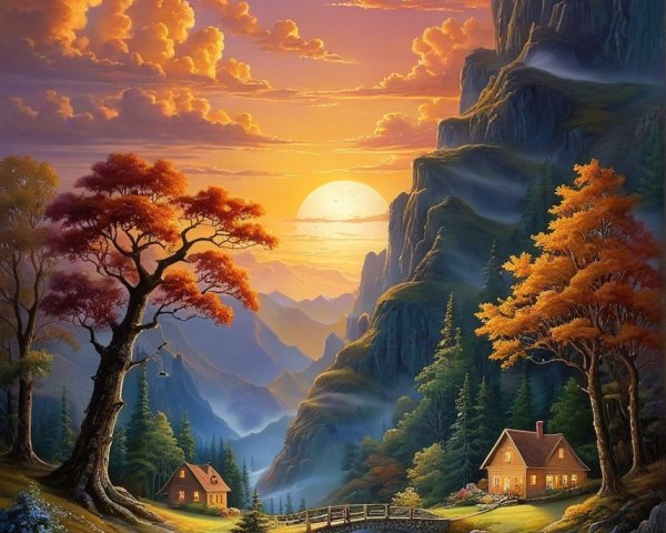 Serene Sunset Landscape with Houses and River