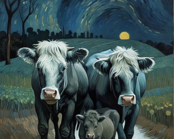Cows and Calf Walking Under Starry Night Sky