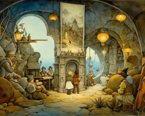Whimsical Indoor Scene with Children and Seaside View