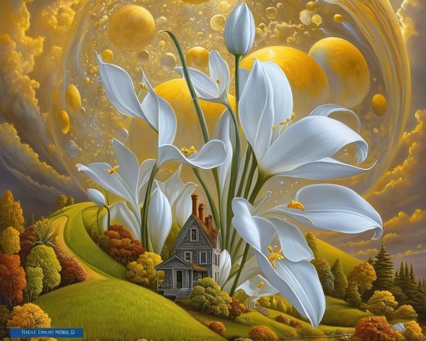 Whimsical Landscape with House and Vibrant Hills