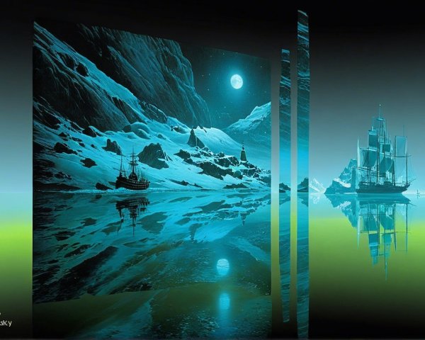 Surreal Sailing Ships Anchored Near Icy Cliffs