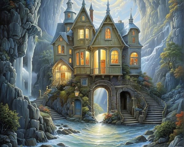 Whimsical castle on rocky archway under moonlight