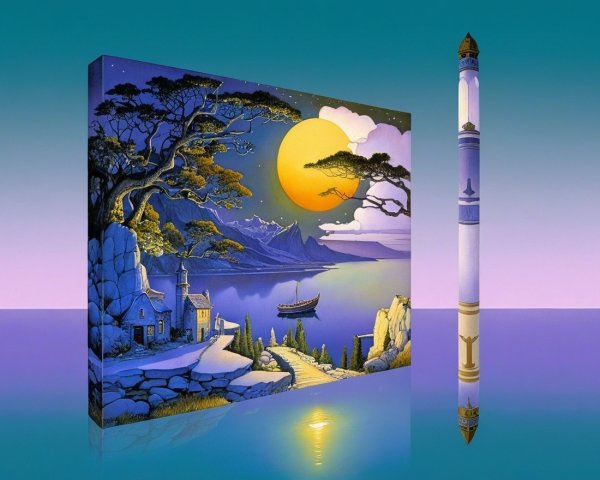 Serene Nighttime Landscape with Sunset and Cottage