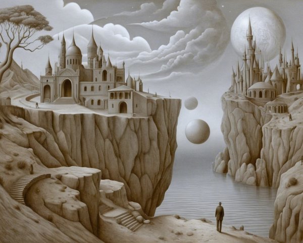 Surreal Landscape with Floating Spheres and Castles