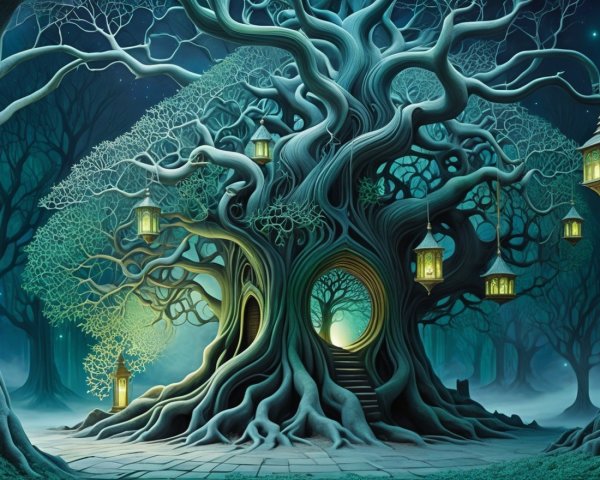 Intricately Twisted Tree in an Enchanted Forest Scene