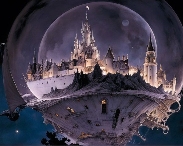 Floating Castle Under a Glass Dome at Night