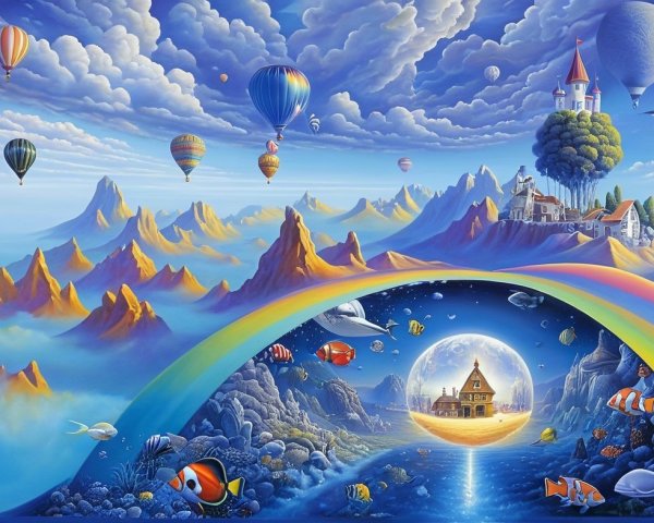Surreal Landscape with Hot Air Balloons and Rainbow